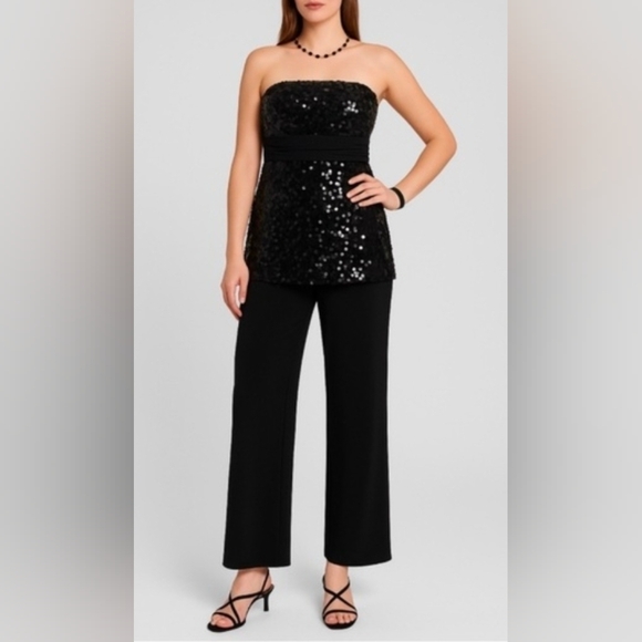 White House Black Market Pants - WHBM Elegant Black Sequin Jumpsuit With Wide Leg Size 0